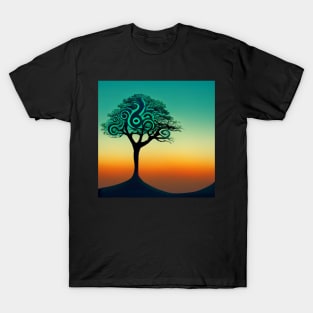 Solitary stylized tree at sunset with interesting branch pattern. T-Shirt